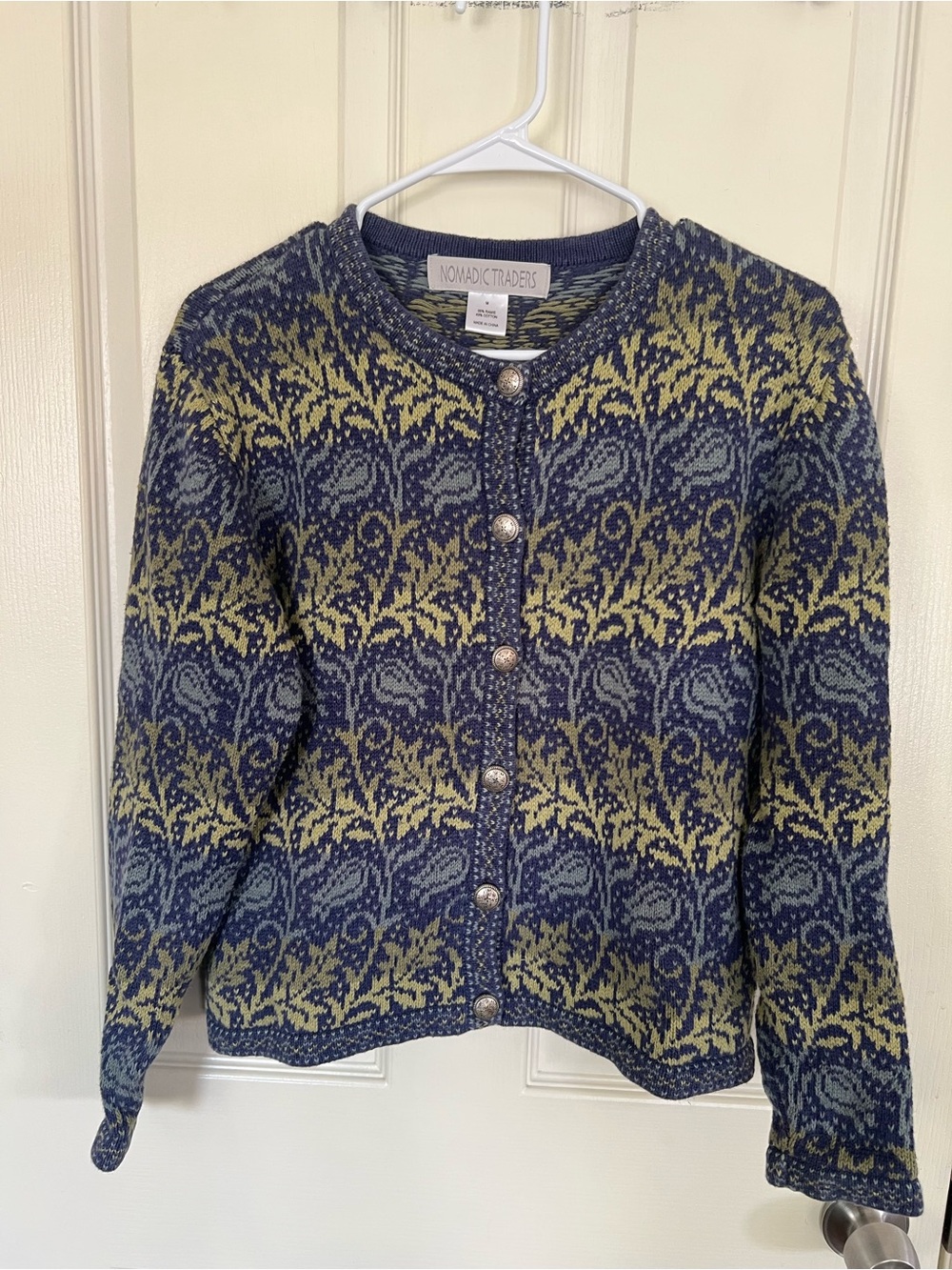 Nomadic Traders Ramie Cotton Fair Isle Floral Knit Cardigan Sweater Medium Boho